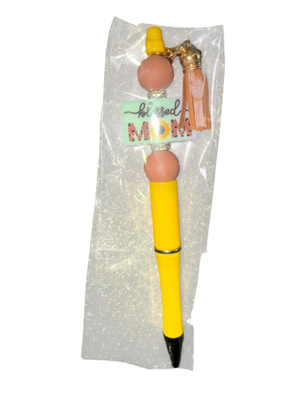 “Blessed Mom” Yellow Beaded Charm Pen with Pink Accents